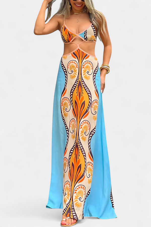 Sytella - Cut-Out Jurk met Abstracte Print en Ontblote Rug